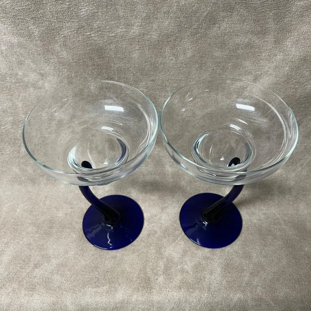LIBBEY Cobalt Blue 2 BRAVURA Margarita Champagne Curved Stem Glasses 7 1/4 